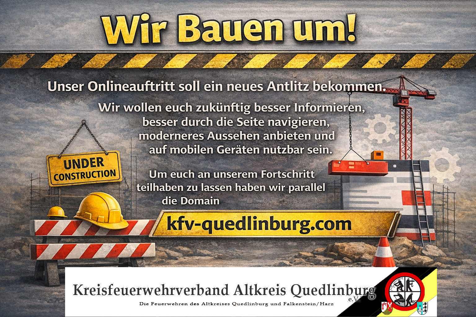 KI generiertes Bild einer Baustelle. Mit dem Hinweis das man dem KFV Altkreis Quedlinburg hier bei seiner neu Gestaltung des Onlineauftritts begleiten kann.